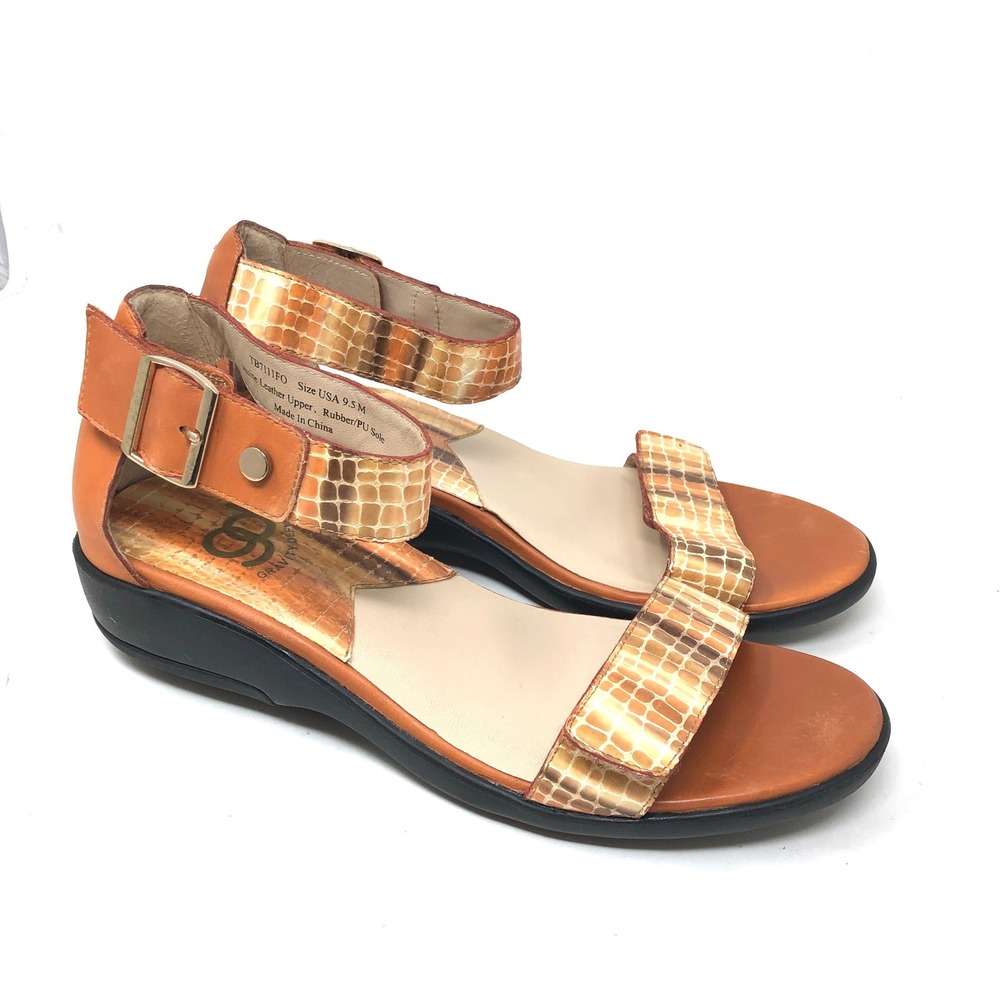 Gravity Defyer Womens 9.5 Sandals Orange Snake Leather Wedge Ankle Strap